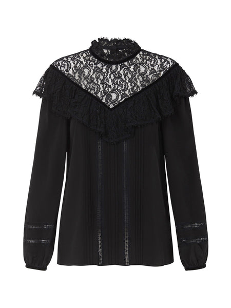 Rebecca Taylor Silk & Lace Top With Velvet Trim in Black – Order